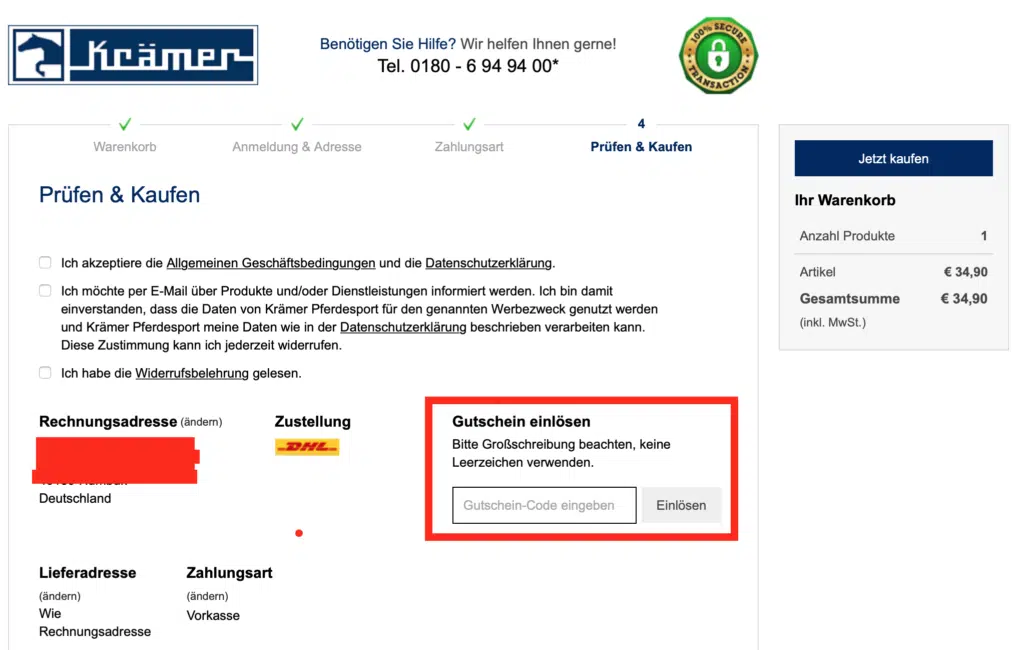 Krämer Gutschein im Checkoutprozess