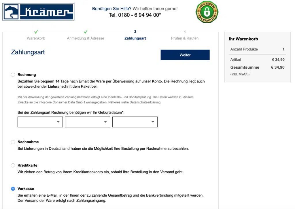 Krämer Zahlamt auswählen, um Gutscheincode nutzen zu können