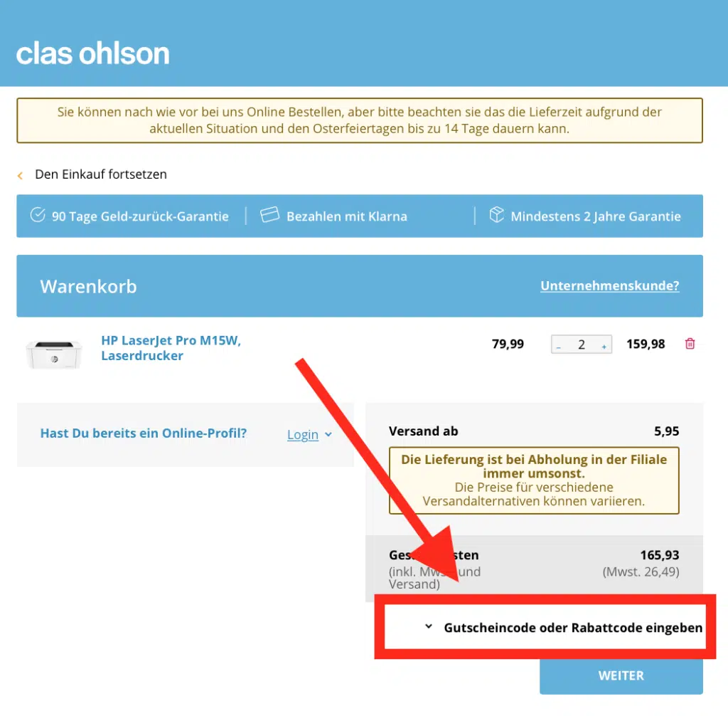 Das Gutscheinfeld muss erst ausgeklappt werden um deinen clasohlson Gutscheincode Dreinkopieren zu können