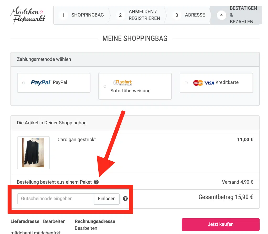 maedchenflohmarkt Gutscheincode eingeben im vierten Schritt
