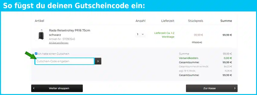 Koffer-Kopf Gutschein einfuegen und sparen