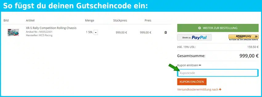 RCFox Gutschein einfuegen und sparen