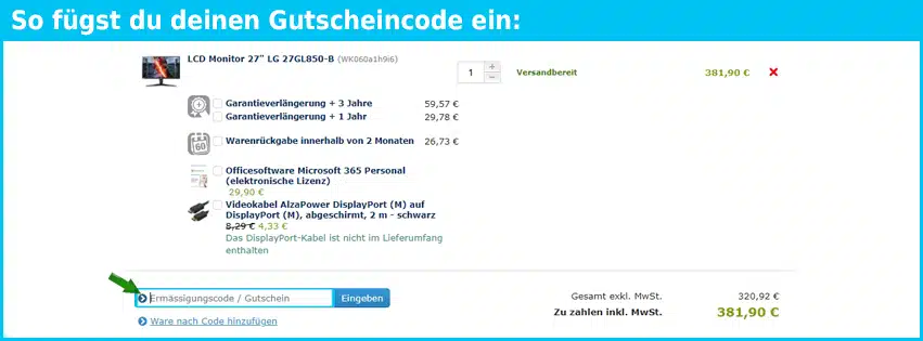 alza Gutschein einfuegen und sparen