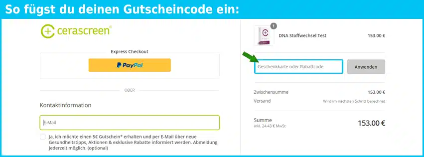 cerascreen Gutschein einfuegen und sparen