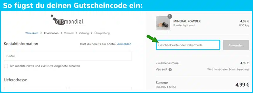 cosmondial Gutschein einfuegen und sparen