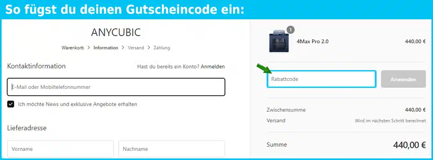 de.anycubic Gutschein einfuegen und sparen