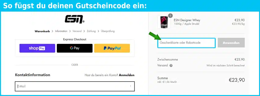 esn Gutschein einfuegen und sparen