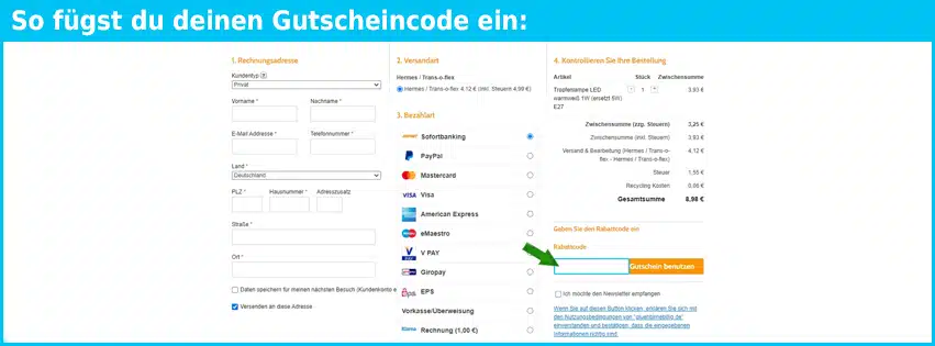 gluehbirnebillig Gutschein einfuegen und sparen