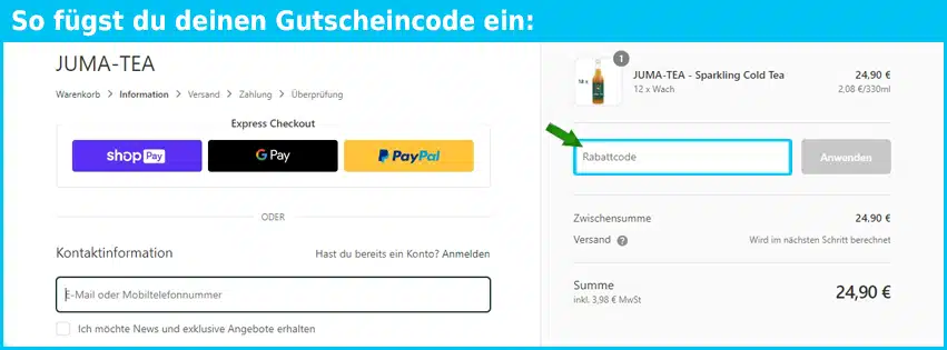 jumatea Gutschein einfuegen und sparen
