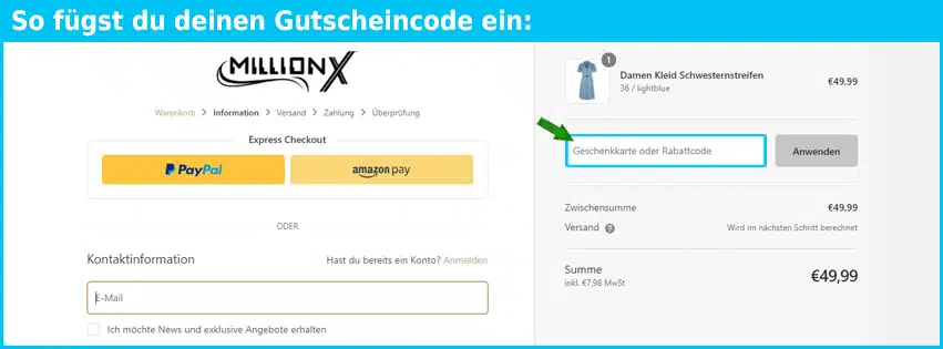 millionx Gutschein einfuegen und sparen