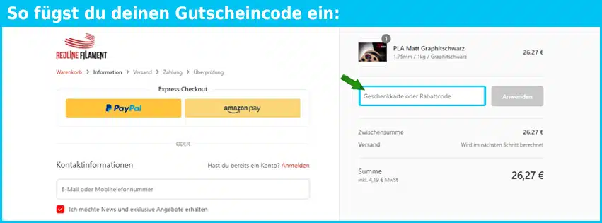 redline-filament Gutschein einfuegen und sparen