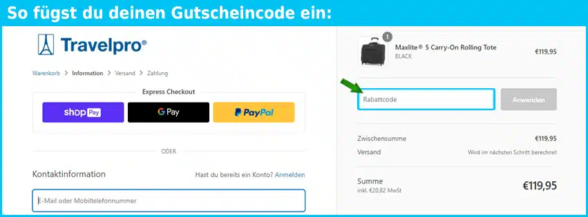 travelpro Gutschein einfuegen und sparen