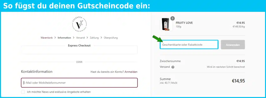 valentea Gutschein einfuegen und sparen