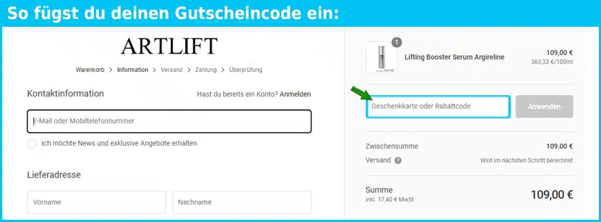 artlift-cosmetics Gutschein einfuegen und sparen