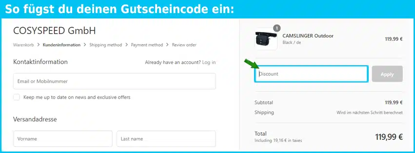 cosyspeed Gutschein einfuegen und sparen