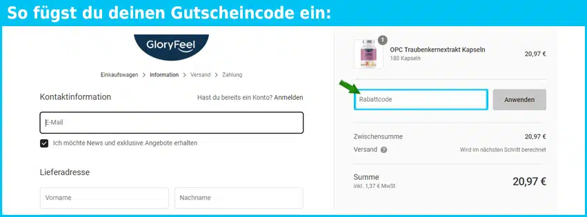 gloryfeel Gutschein einfuegen und sparen
