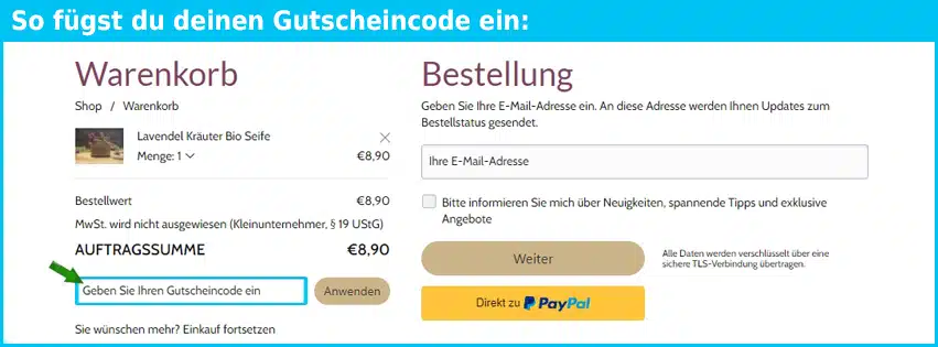 landseife Gutschein einfuegen und sparen