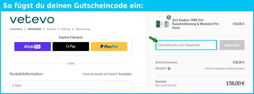 vetevo Gutschein einfuegen und sparen