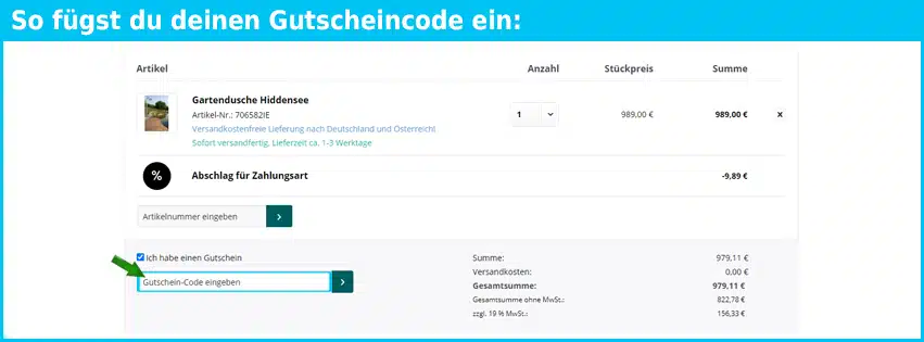 gartendusche.shop Gutschein einfuegen und sparen
