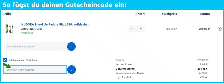hudora Gutschein einfuegen und sparen