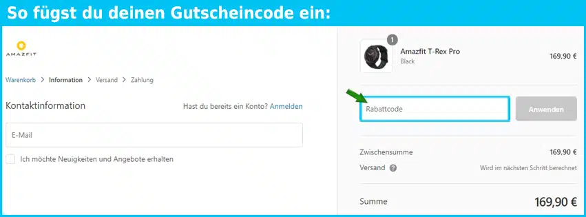 amazfit Gutschein einfuegen und sparen
