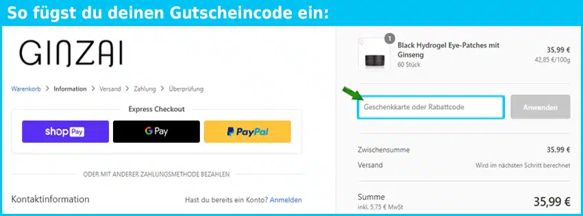 ginzai Gutschein einfuegen und sparen