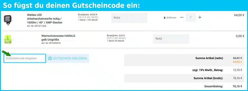 klickparts Gutschein einfuegen und sparen