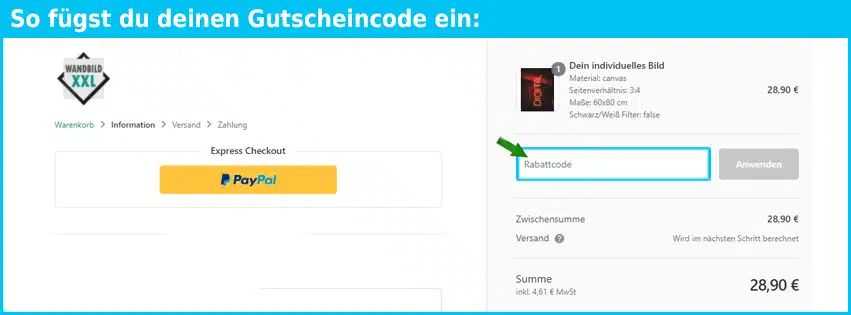 wandbildxxl Gutschein einfuegen und sparen