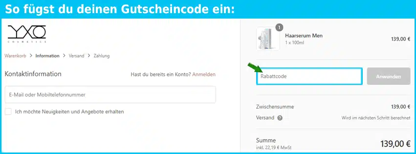 yxo-cosmetics Gutschein einfuegen und sparen