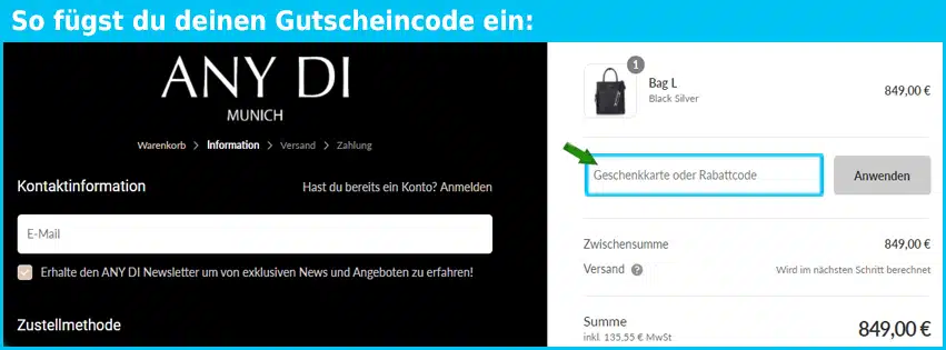 any-di Gutschein einfuegen und sparen