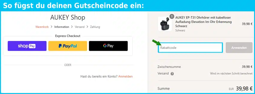 aukey Gutscheine - gutscheincode eingeben und sparen
