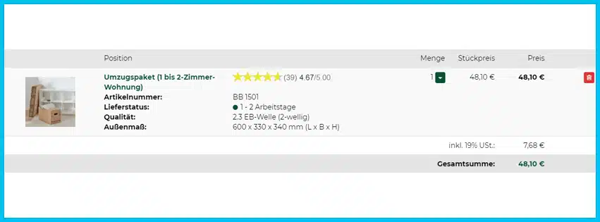 der-umzugsshop.de Gutscheine - Warenkorb