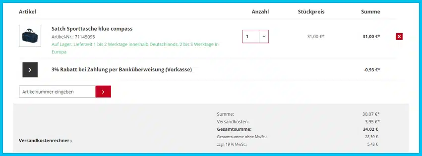 rucksack.de Gutscheine - Warenkorb