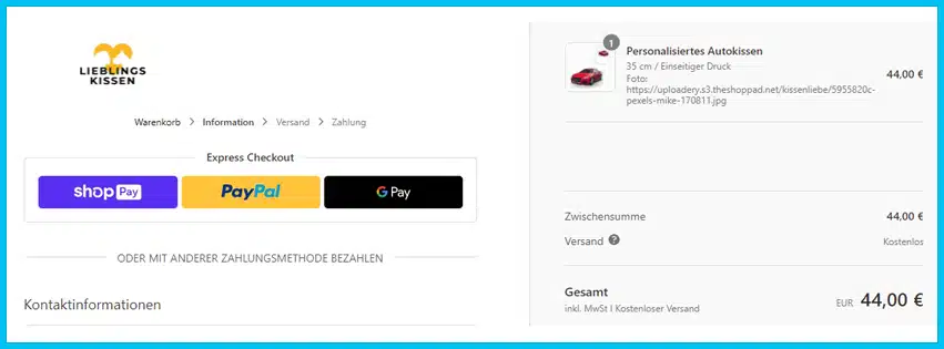 deinlieblingskissen Gutscheine - Warenkorb