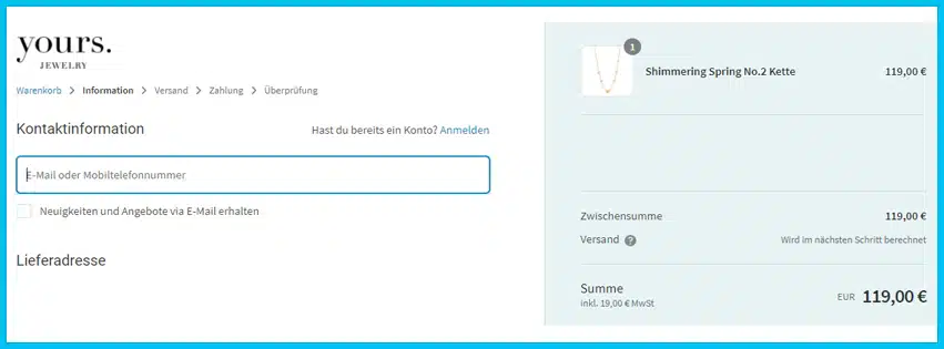 yoursjewelry Gutscheine - Warenkorb