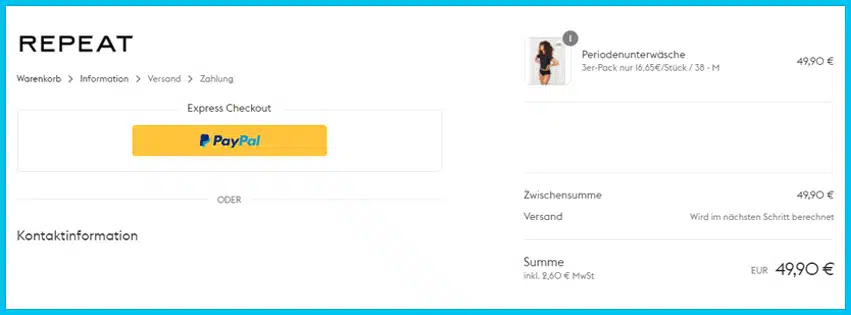 repeat-undies Gutscheine - Warenkorb