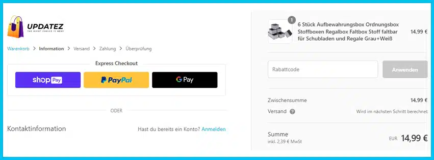 updatez Gutscheine - Warenkorb