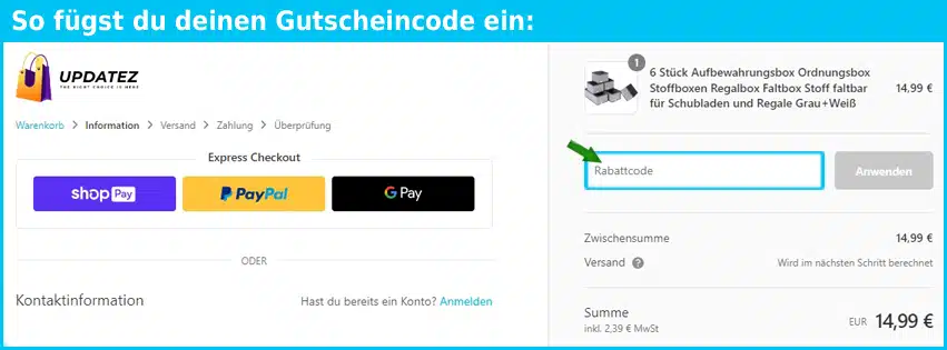 updatez Gutscheine - gutscheincode eingeben und sparen
