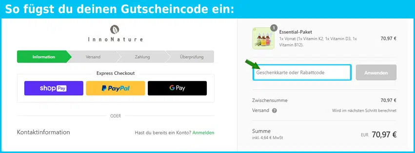 innonature Gutschein einfuegen und sparen blau