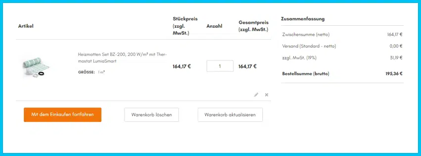 warm-on Gutschein Warenkorb blau
