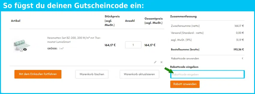 warm-on Gutschein einfuegen und sparen blau
