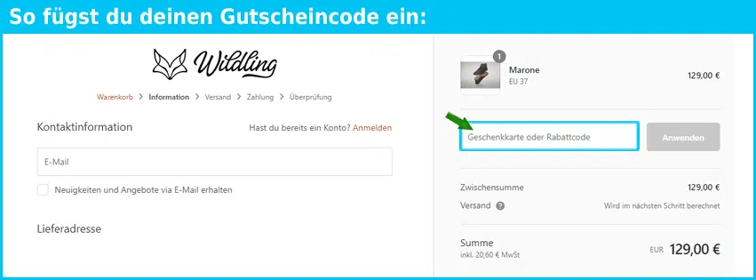 wildling Gutschein einfuegen und sparen blau
