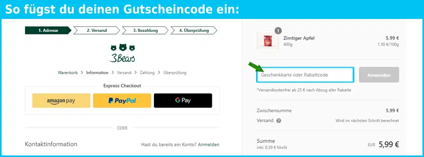 3bears Gutschein einfuegen und sparen blau