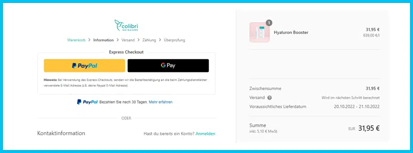 colibriskincare Gutschein Warenkorb blau