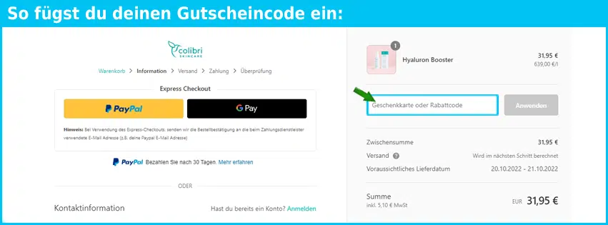 colibriskincare Gutschein einfuegen und sparen blau