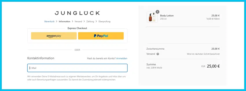 junglueck Gutschein Warenkorb blau