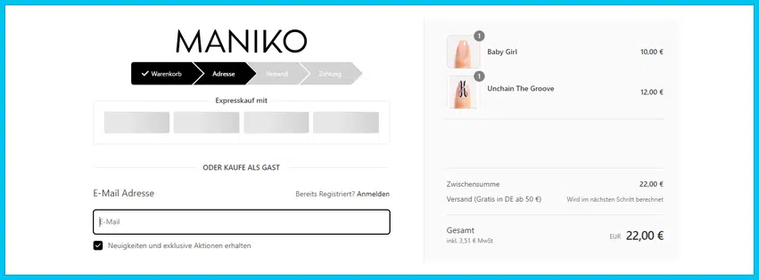 maniko Gutschein Warenkorb blau