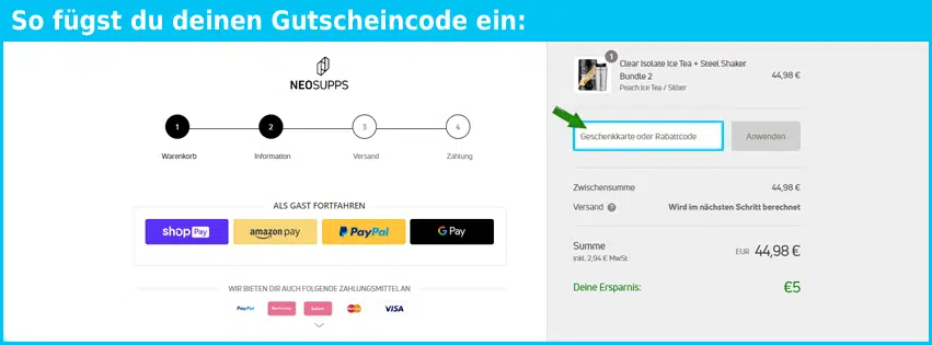 neosupps Gutschein einfuegen und sparen blau