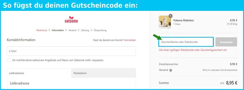 oatsome Gutschein einfuegen und sparen blau