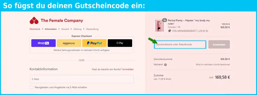 thefemalecompany Gutschein einfuegen und sparen blau